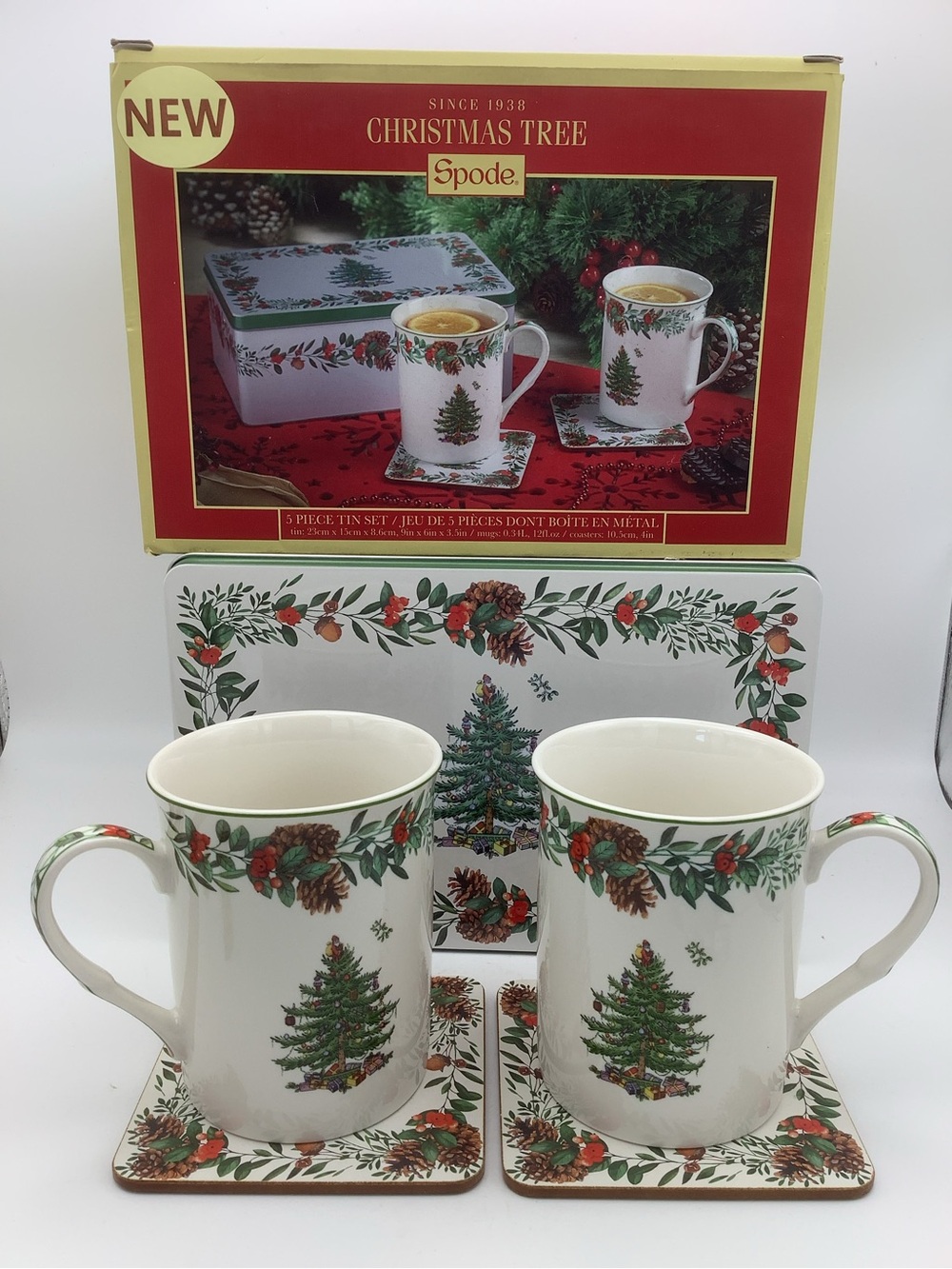 NIB Spode Christmas Tree 5 Piece Set  Including Mugs, Coasters and a Tin
